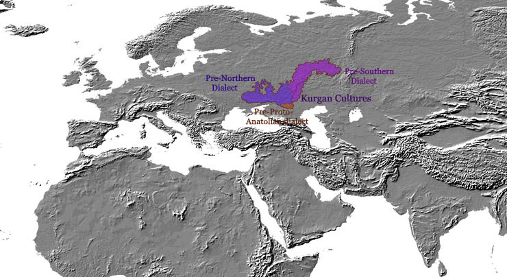 Map depicting the distribution of early Proto-Indo-European dialects.
