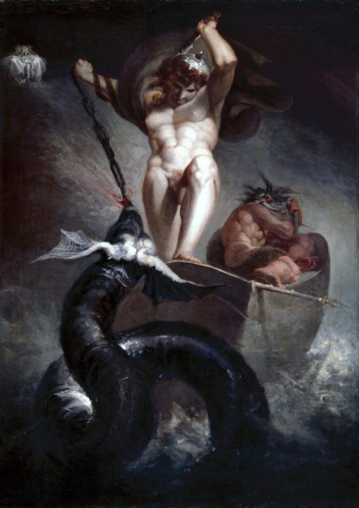 Painting of Thor pulling up the Midgard Serpent.