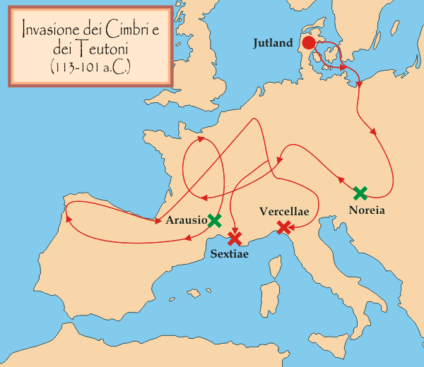 Map showing the migration of the Cimbri and Teutones. 